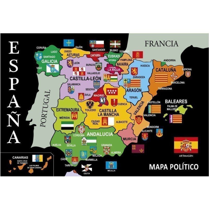 Postal Mapa Político de España Negro