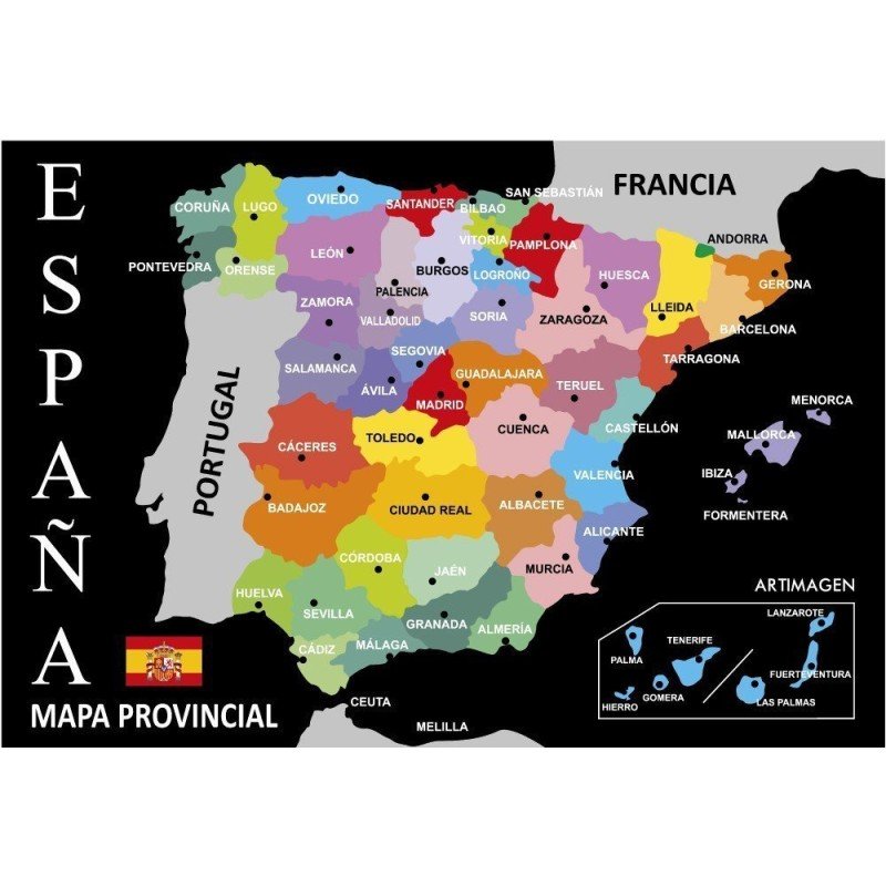 Postal Mapa Provincial de España Negro